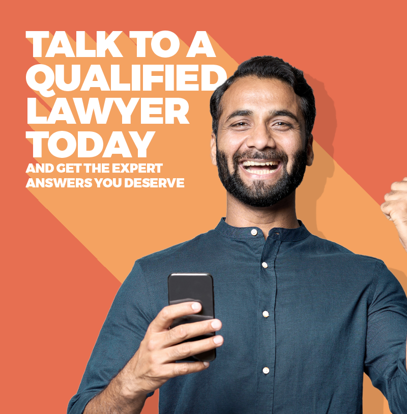 Men smiling with message - Talk to a qualified lawyer today